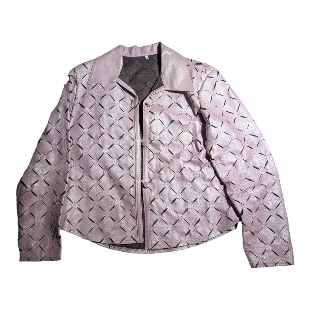 Vtg Y2K Daniel Lavender Pearlescent Laser Cut Leather Button Up Jacket Sz L